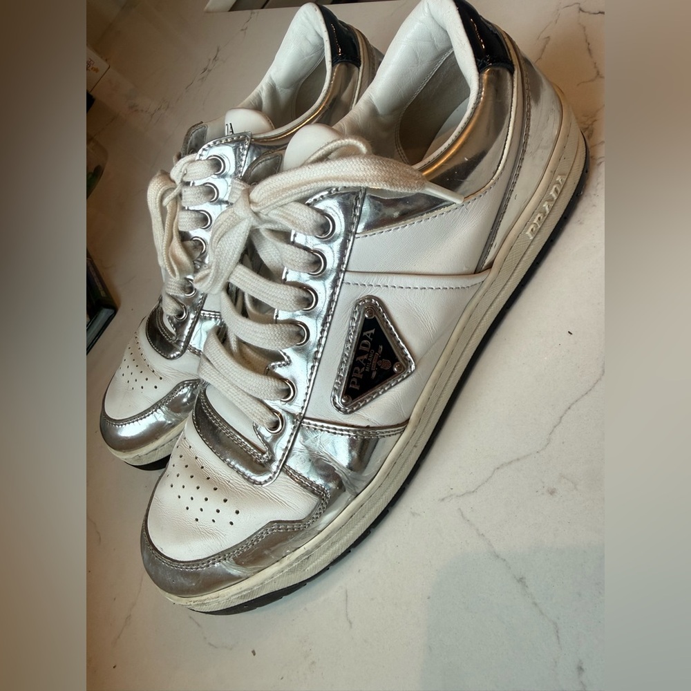 Prada Metallic Silver and White Sneakers